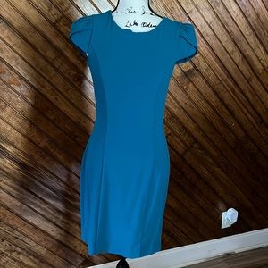 H&M Pencil Dress. Size US 6. Blue Green. Pleated Short Sleeves